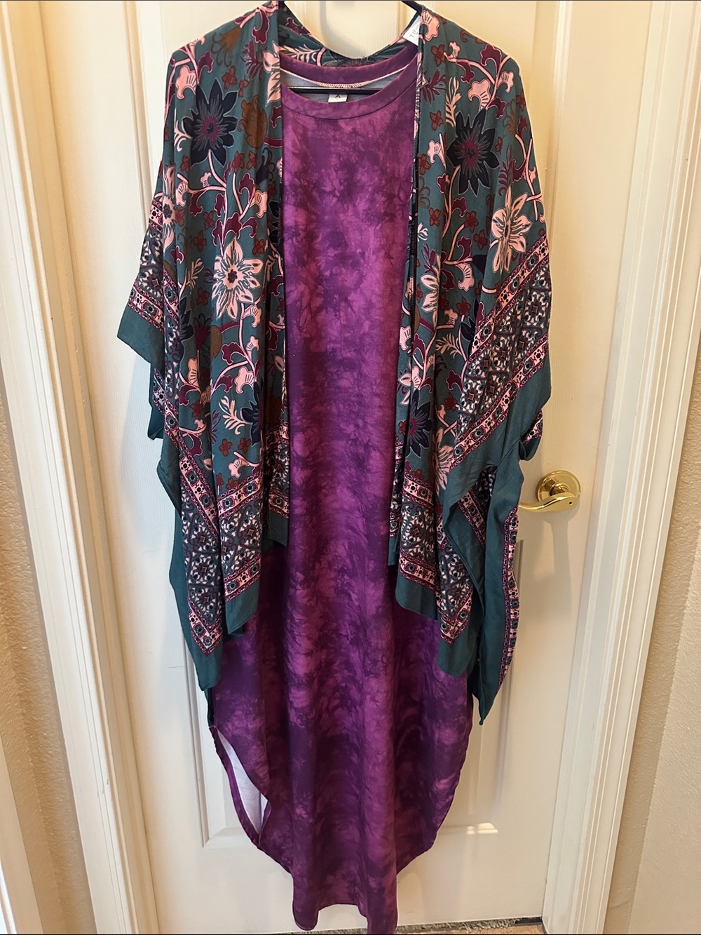 Purple Tie-Dye Maxi Dress with Floral Teal Kimono